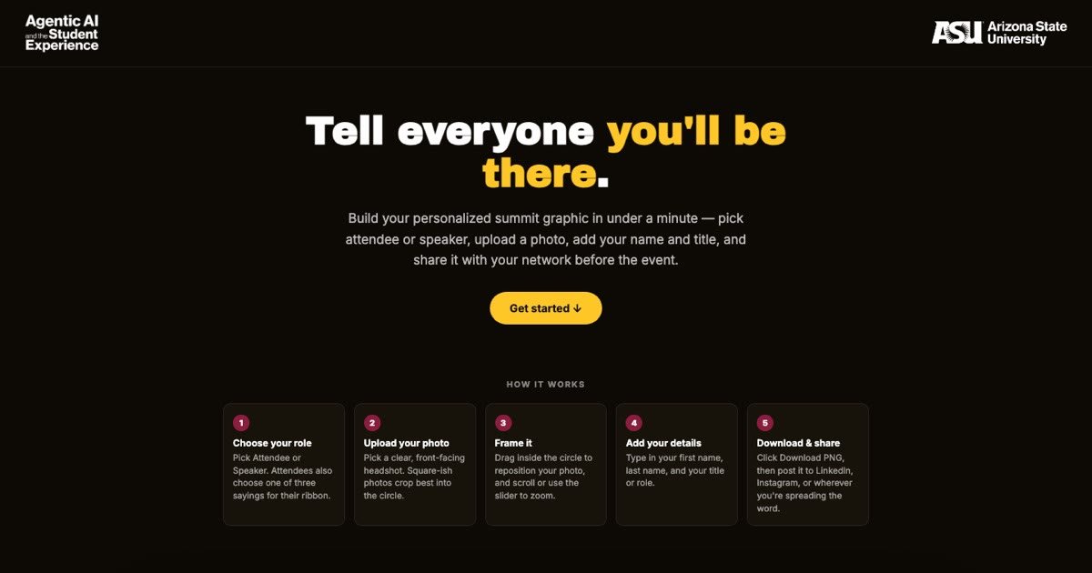 The Create Hub home page: Tell everyone you'll be there, with a Get started button and five steps for building a summit graphic