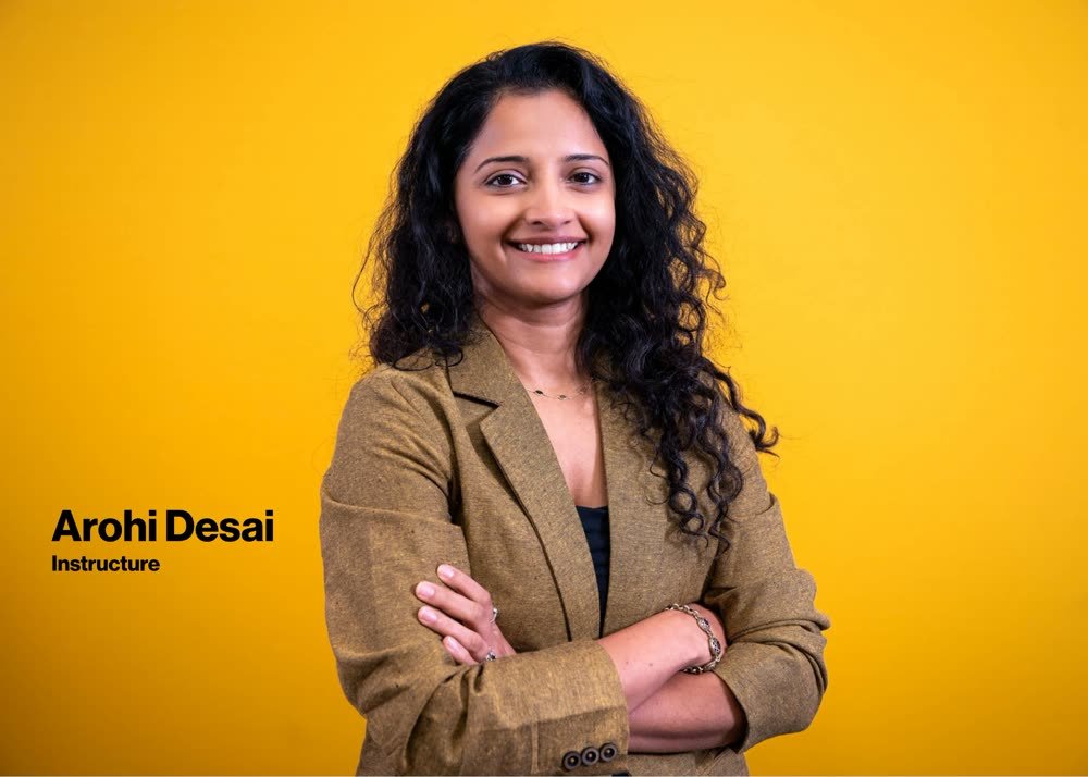 Portrait of Arohi Desai, Instructure, arms crossed against a gold backdrop
