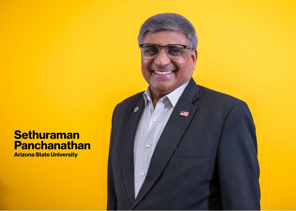 Portrait of Sethuraman Panchanathan, Arizona State University, against a gold backdrop