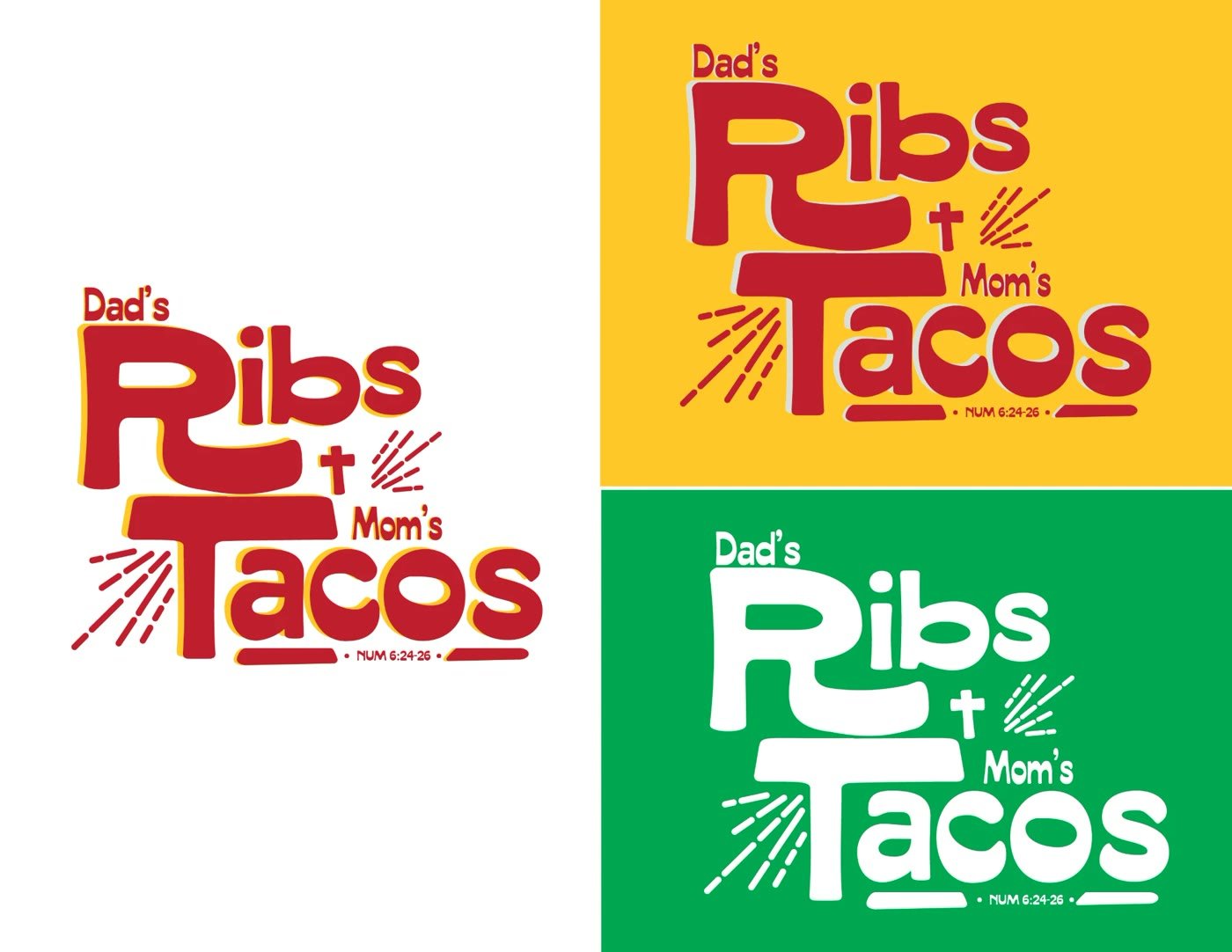 Logo variations in red on white, red on gold, and white on green, with the Num 6:24-26 tagline