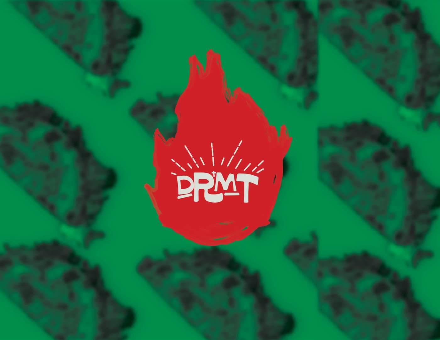 DRMT secondary mark in white on a hand-painted red flame, on a green taco pattern