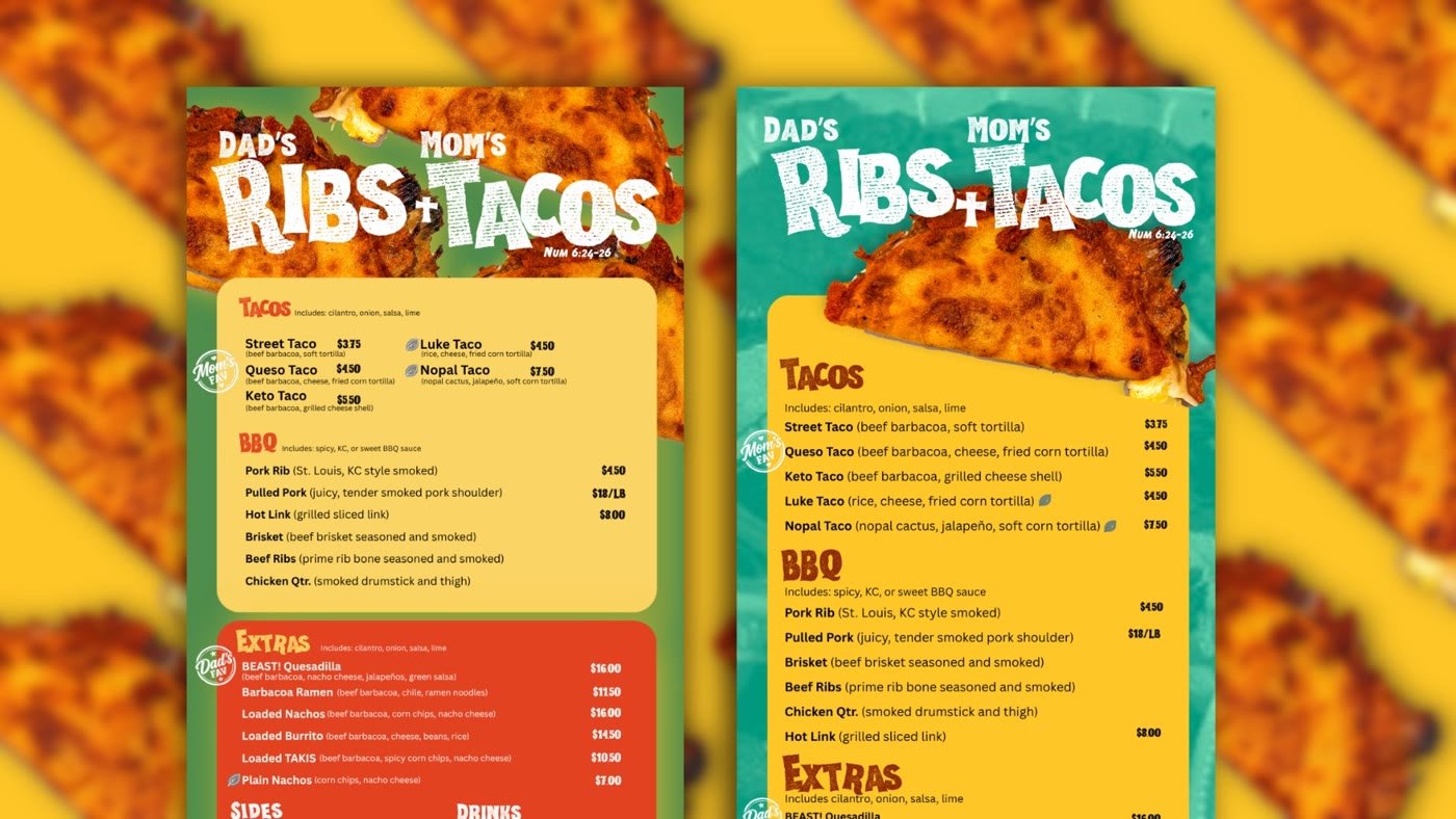 Two menu designs in green and teal with tacos, BBQ, and extras sections and Mom's Fav and Dad's Fav badges