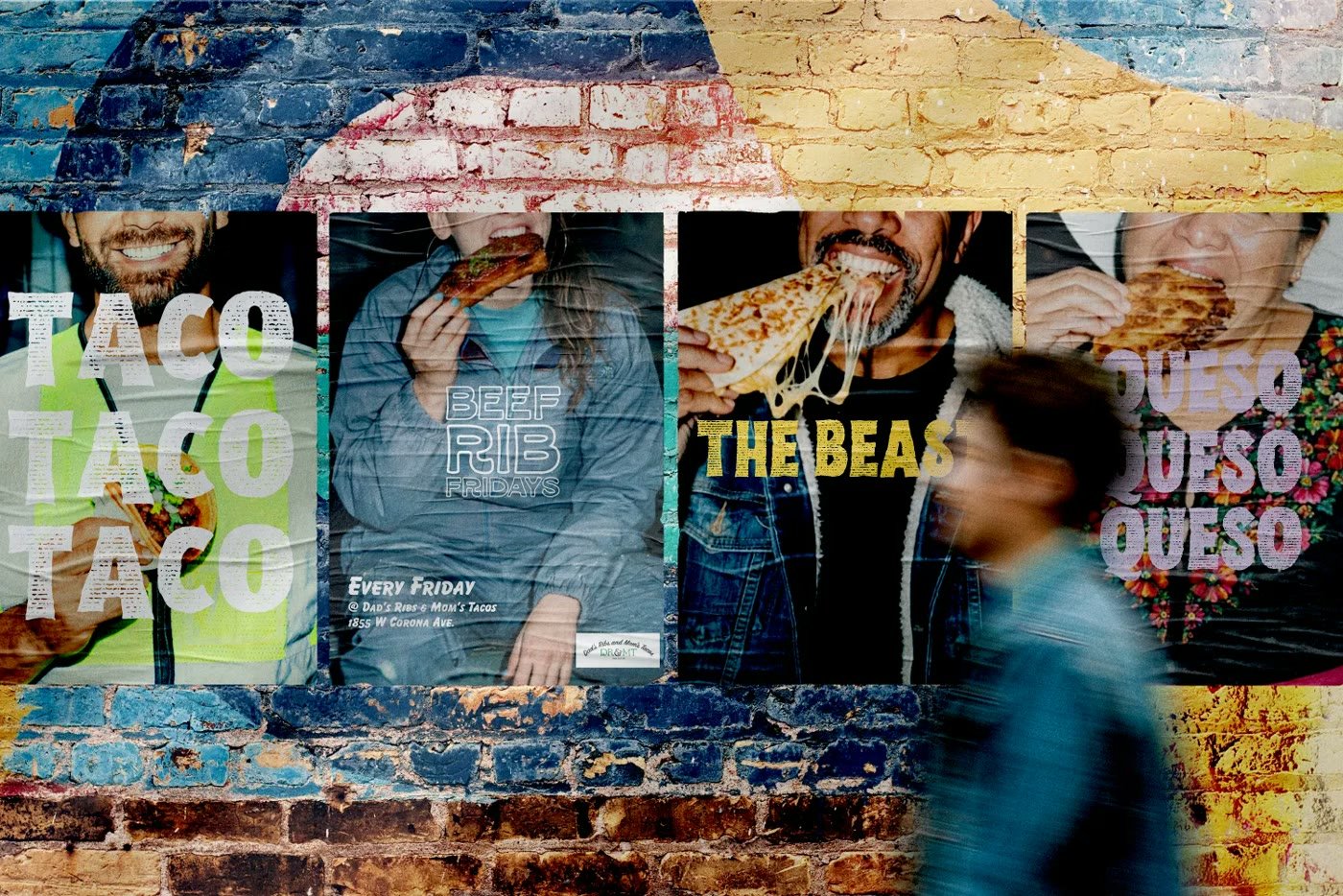 Four street posters on a painted brick wall: Taco Taco Taco, Beef Rib Fridays, The Beast, and Queso Queso Queso, each showing someone biting into the food, with a passerby blurred in front