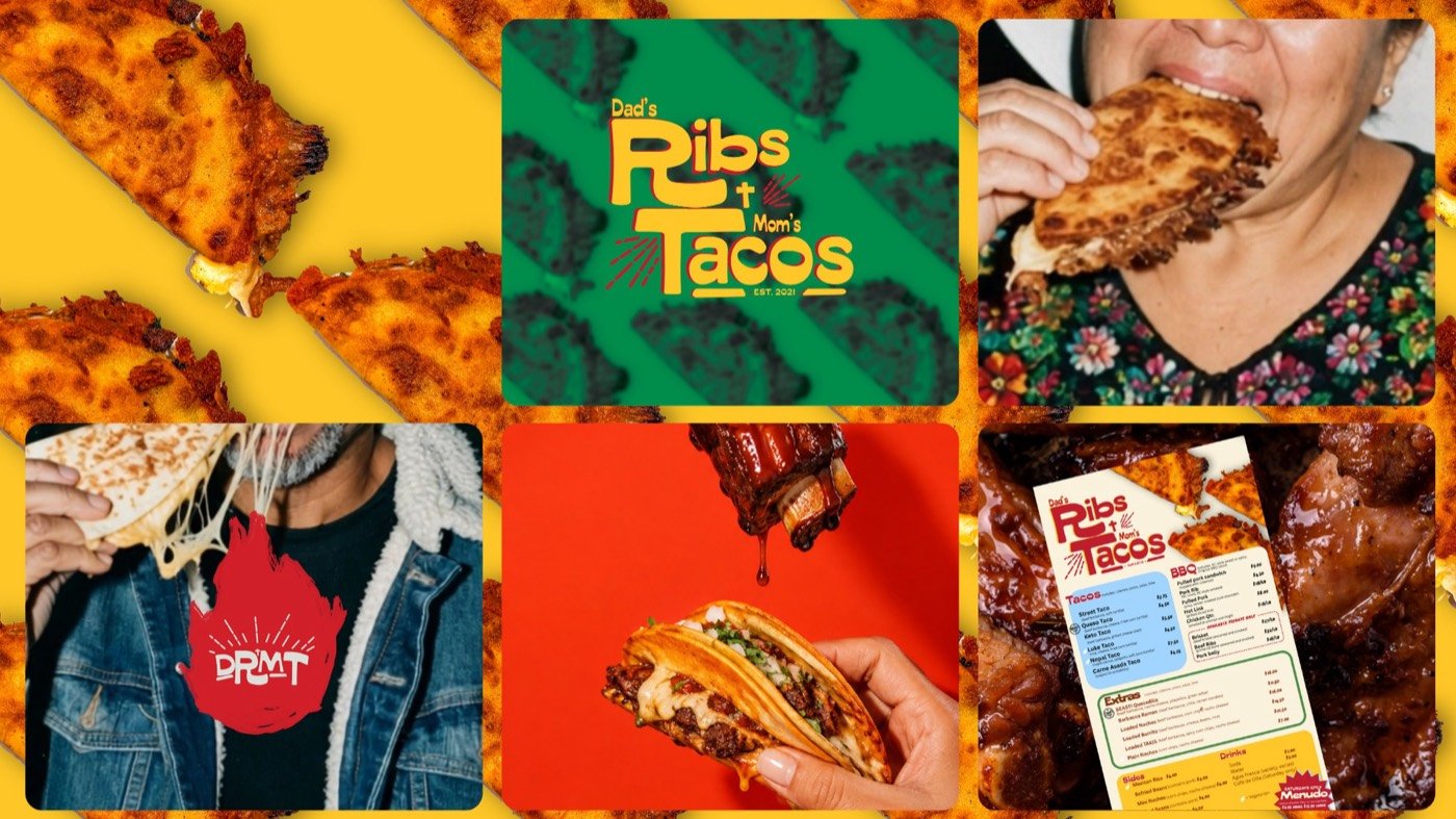 Dad's Ribs and Mom's Tacos brand collage: green logo, food photography of tacos and ribs, and the printed menu