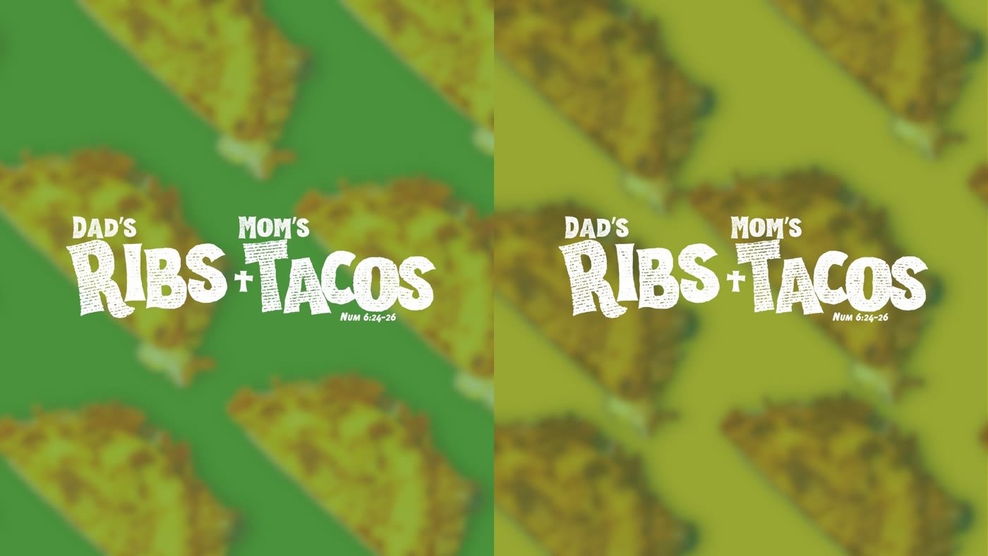 Distressed white wordmark on green and olive taco-pattern backgrounds
