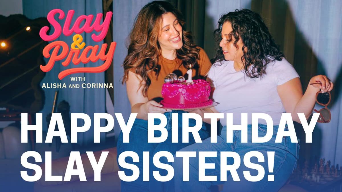 Episode thumbnail: Happy Birthday Slay Sisters, the hosts with a pink birthday cake