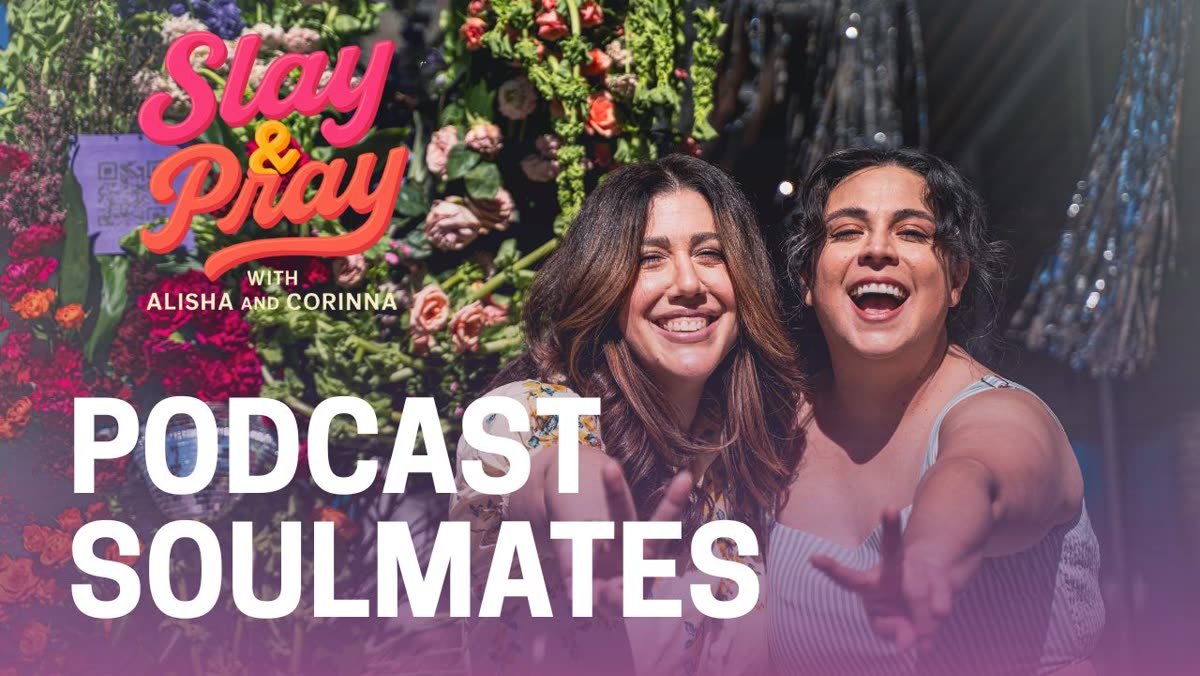 Episode thumbnail: Podcast Soulmates, the hosts reaching toward the camera in front of a flower wall